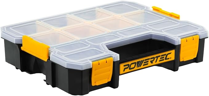 POWERTEC Small Parts Organizer & Tool Box – 14 Compartments, Stackable Storage with Interlocking Latch, Removable Dividers, Clear Lid, Portable Design (72364)