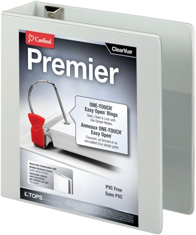 Cardinal 3 Ring Binder, Binders for School and Office, Durable 3 Inch Premier Easy Open Binder, ONE-Touch Locking Slant-D Rings, 650-Sheet Capacity, ClearVue Cover, PVC-Free, White (10330)