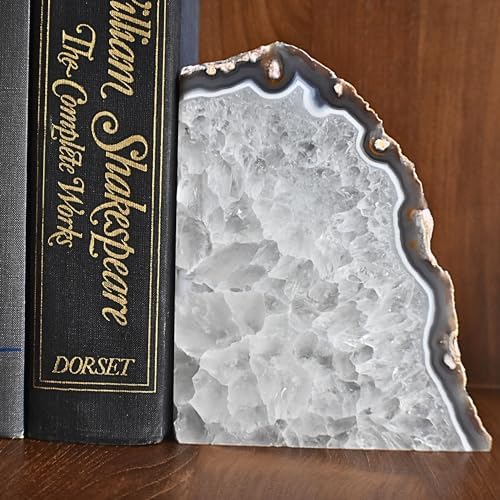 Nature's Decorations Natural Agate Bookends – A+ Grade Geode Heavy Duty Decorative Stone Crystal Book Ends for Shelves & Bookcases, Polished Bookshelf Decor, 1 Pair 6-8Lbs