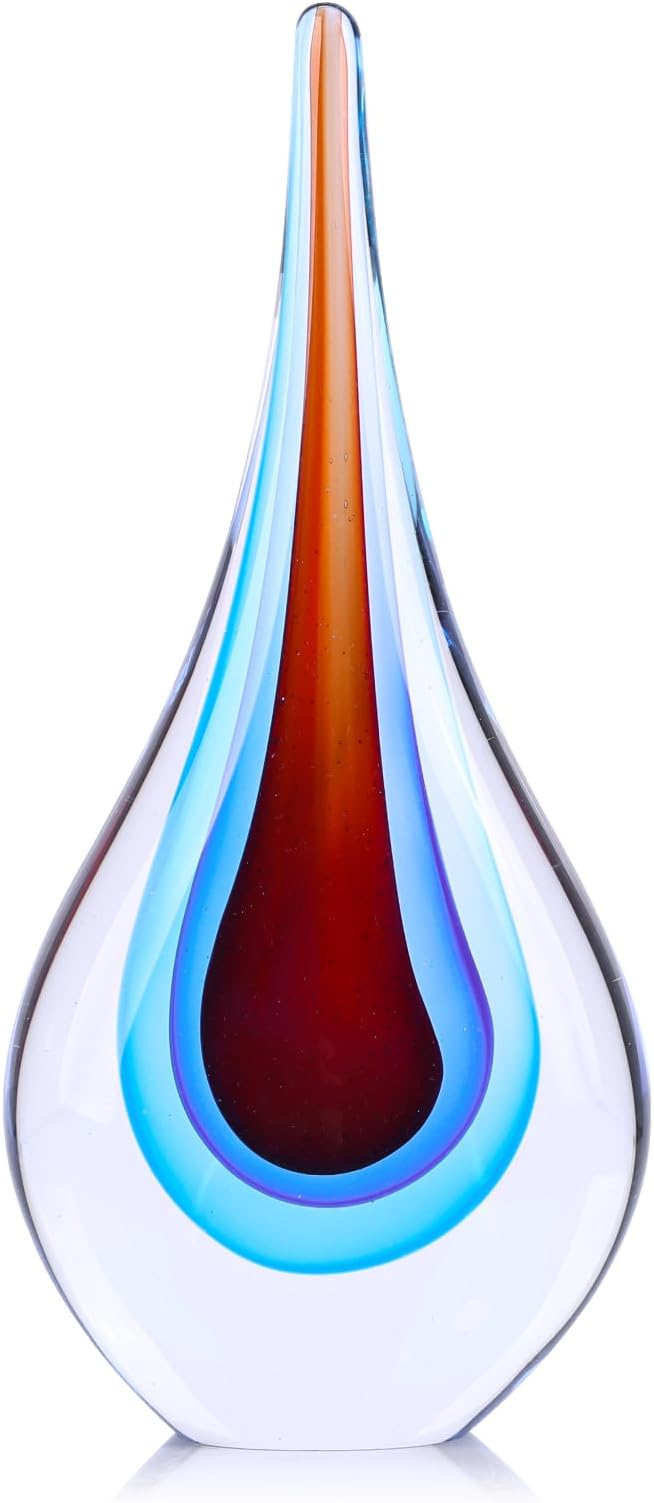 9" Tall Sculpture Hand Blown Glass Decor, Paperweight for Office Desk, Modern Glass Art Figurines Mediterranean Beach House Decor, Living Room Coffee Shelves Table Top Decoration (Red Blue)