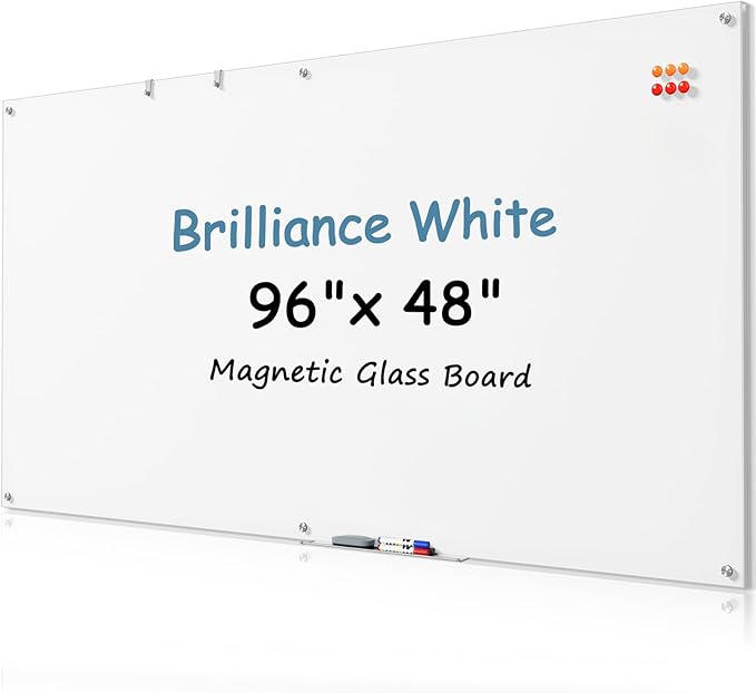 MaxGear Glass Whiteboard Tempered Magnetic Dry Erase Board 72 x 48 Inch Ultra White Frameless Wall Mounted, Office Classroom Conference Room Home Use, Includes Markers, Eraser, Magnets & Mounting Kit