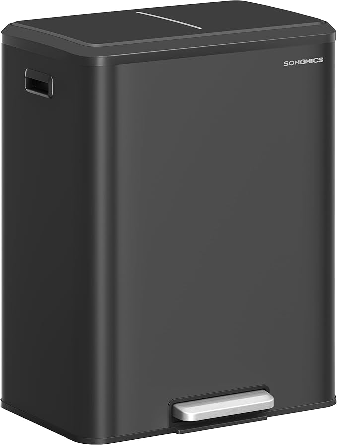SONGMICS Trash Can, 2 x 8 Gallon (2 x 30 L) Double Garabge Can for Recycling and Waste, Stainless Steel, Soft-Close Lid, Inner Buckets, Wide Sturdy Pedal, Ink Black ULTB556B01