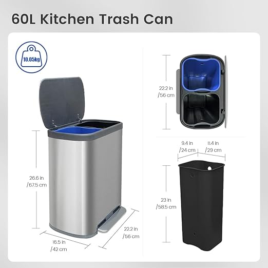 JM ·YIPENG Dual Trash Can Stainless Steel Recycle Bins for Kitchen, 16 Gallon Dual Compartment Recycling Trash Can with Soft-Close Lid and Removable Liner Buckets for Kitchen, Living Room, Sliver