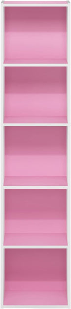 Furinno PASIR Book Shelf, 5-Tier Modern Bookshelf, Open Shelves Bookcase 9 x 12 x 52, for Living Room, Bedroom, Home Office, Pink/White