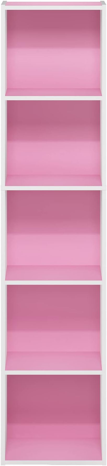Furinno PASIR Book Shelf, 5-Tier Modern Bookshelf, Open Shelves Bookcase 9 x 12 x 52, for Living Room, Bedroom, Home Office, Pink/White