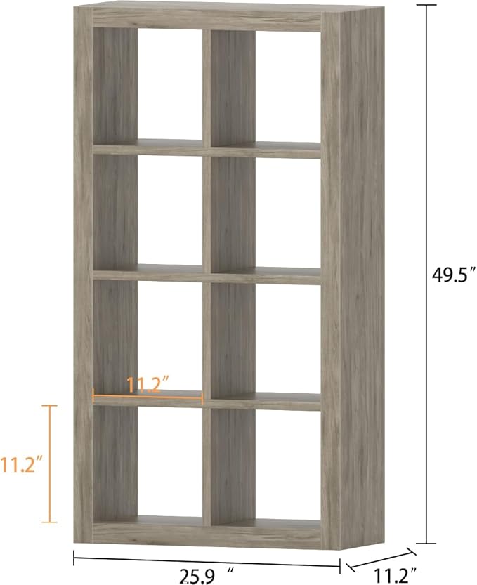 furtble Bookshelf with Storage Bins, 8-Cube Storage Organizer, Modern Wood Open Bookcase, Multifunctional Display Shelf for Living Room, Bedroom, Home Office, Gray Oak