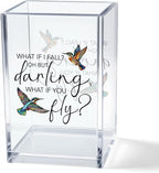 Vgrti What If I Fall What If You Fly Acrylic Cosmetic Pencil Pen Holder Cup, Hummingbird Lover Gifts Desk Organizer Accessory for Office Decor, Inspirational Gifts for Women Girl Coworker Boss Friend