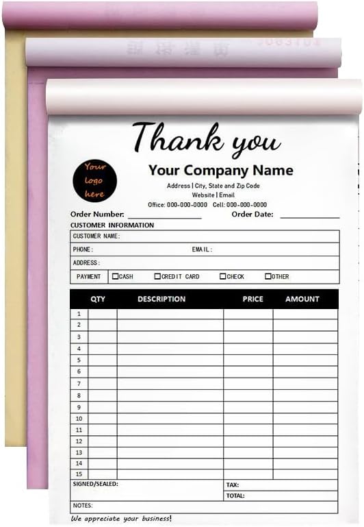 Personalized Invoice Book Custom 2 Part/3 Part Receipt Book Quote Estimate Order Forms Carbonless Form with Your Company Name Logo Address,2-10 Books (Style 12)