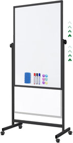 Rolling Whiteboard on Wheels, 32x48 Inches Double-Sided Magnetic Dry Erase Board with Stand, Height Adjustable Mobile White Board Easel for Classroom Home Office Black
