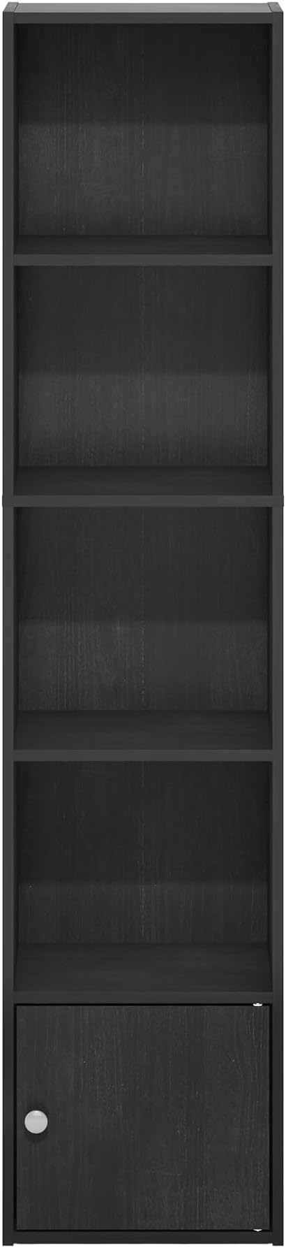 Furinno LUDER Book Shelf, 5-Tier Modern Bookshelf, Bookcase with 1 Door Storage Cabinet, 9.3 x 12 x 52, for Living Room, Bedroom, Home Office, Blackwood