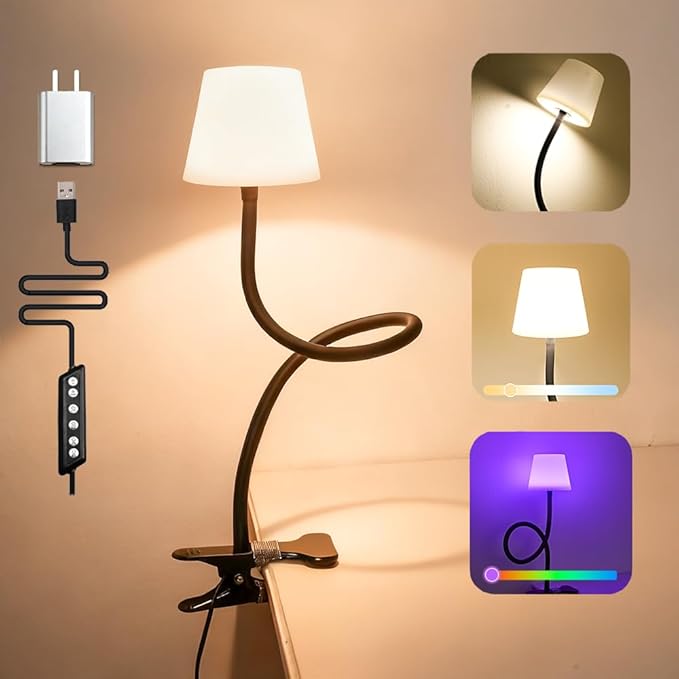 Rdzoko Clip On Light and Bed Reading Light, Clip on for Desk, Bedside Lamps for Dorm, College Dorm Room Essentials, Night Light for Kids Nursery, Multicolor LEDs, Adapter Included