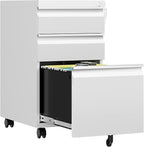 AFAIF 3 Drawer Mobile File Cabinet with Lock, Rolling File Cabinets for Home Office, Under Desk Small File Caninet on wheels, Metal Vertical White Filing Cabnet for Legal/Letter/A4 - Assembly Required