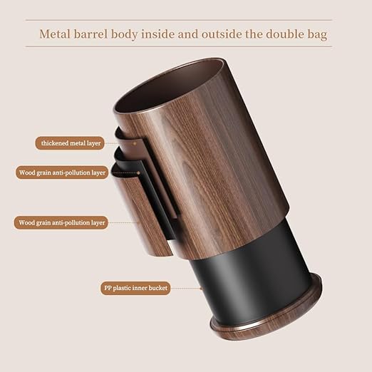 LEASYLIFE 8L/2.1GAL Modern Metal Waste Bin with Realistic Wood Texture,Built-in Bag Holder,Open-Top Trash Bin for Bathroom,Home,Office,Living Room (2.1gal Round)
