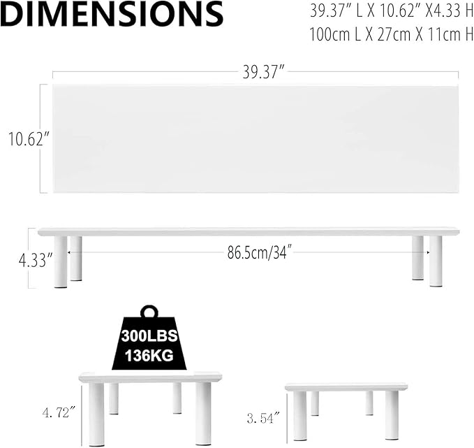 ROCDEER Bamboo Dual Monitor Stand Riser White, Desk Monitor Riser for 2 Monitors, Supports for PC Computer Monitor, Printer, Heavy TV Riser up to 300 lbs, White