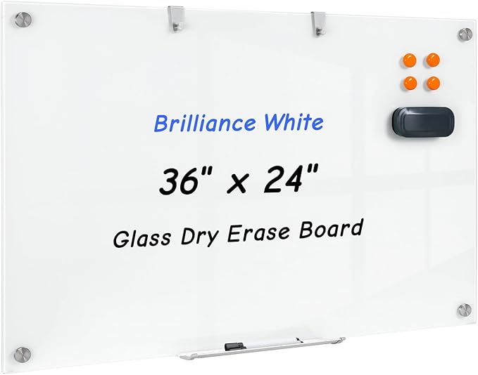 36 x 24 Inches Glass Whiteboard, Magnetic Glass Dry Erase Board for Wall, 3' x 2' Brilliance White Board for Office, Home, School