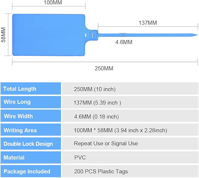 200Pcs Plastic Seals Shipping Label Tags, Writable Marker Big Sign Tie for Logistics, 255mm Total Length Self Locking Inventory Waterproof Tag Fastener (Blue)