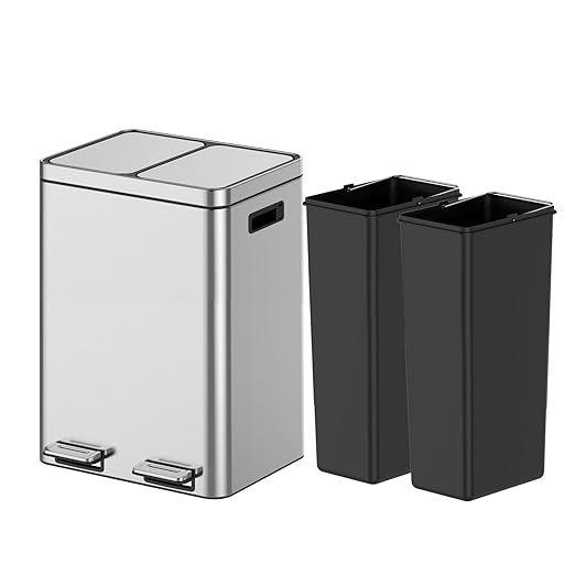 OUTLANE 40L Stainless Steel Dual Compartment Trash Bin, Step Pedal, Silent Soft Close, Removable Buckets, Fingerprint Proof, Home/Office Waste Separator, 37.6x42.8x58.9cm