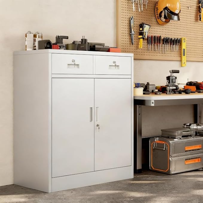 TaskStorz Metal Storage Cabinet with 2 Drawers 36" H,White Metal Garage Cabinets with 2 Lockable Doors and Adjustable Shelves Easy to Assemble for Home Office, Kitchen,Pantry,Garage,Warehouse