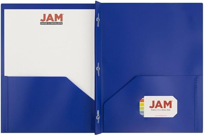JAM PAPER Plastic 2 Pocket POP Folders - Durable School Folders with Metal Prongs Fastener Clasps - Dark Blue - Bulk 48/Pack