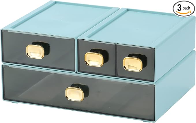 OSteed Spacious Desktop Storage Box, 1 Large 1 Middle & 2 Small Storage Drawers, Stackable Office Desk Drawer Organizer and Accessories, Printer Paper Organizer, Cyan Plastic Drawers for Workspace