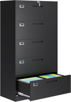AFAIF 5 Drawer File Cabinets for Home Office, Metal Filing Cabinet with Lock, Black Locking File Caninet Five Drawer, Office Storage Caninets Steel Cabnet for Letter/Legal/A4/F4-Assembly Required