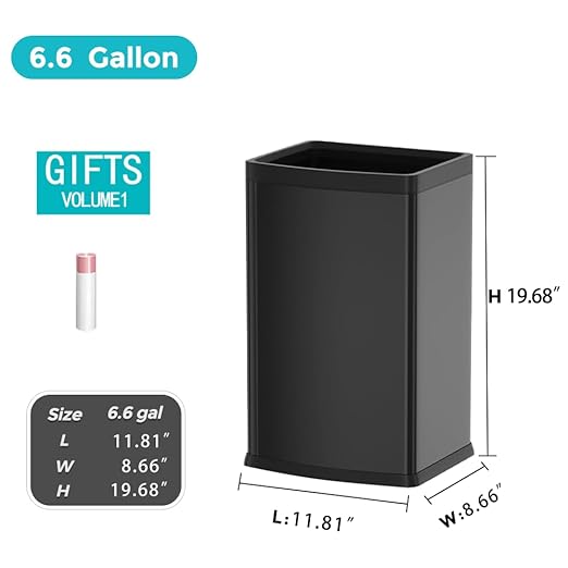 YOJIA 6.6 Gallon/25L Stainless Steel Square Trash Can, Large Capacity Kitchen Garbage Can, Business Trash Bin, Tall, Elegant, Black Waste Basket, for Home, Office, Hotel (25L Black)