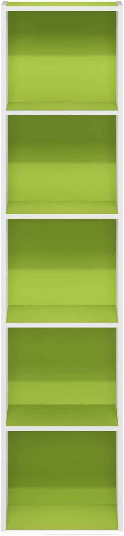 Furinno PASIR Book Shelf, 5-Tier Modern Bookshelf, Open Shelves Bookcase 9 x 12 x 52, for Living Room, Bedroom, Home Office, Green/White