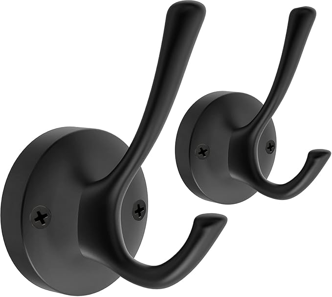 TOFIIGREM Black Towel Hooks, 2 Pack Coat Robe Hook Heavy Duty Metal Double Bathrobe Hook Wall Mounted, Hand Towels Hooks for Cubicle Bathroom Kitchen Closet Garage