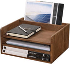 DDYURI Desk Organizer for File Folder Storage with 3 Paper Letter Tray &1 Vertical Compartment- Wood Office Desktop Document Organizer Rack - Filing Folder Mail Sorter Desk accessories Dark WJJ3K-DK