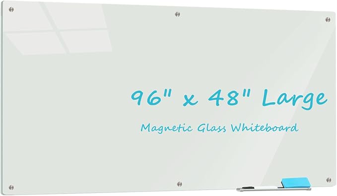 Large Glass Dry Erase Board, 96 x 48 Inches Magnetic Glass Whiteboard for Wall, 8' x 4' Frameless White Board for Office, Home, School