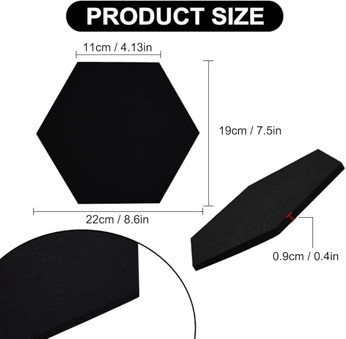 Vuzvuv 6 Pcs Hexagon Bulletin Board with 50 Pushpins & Sticky Note Adhesive Cork Board for Wall，Felt Pin Board for School，Office Decor（Black）