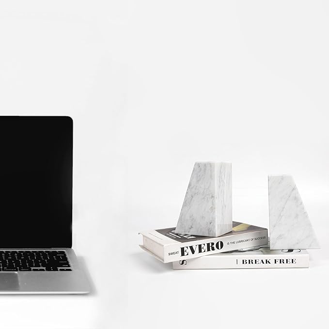 Faticdorr Luxury Marble Bookends for Shelves, 11LB Heavy Duty Marble Book Ends for Heavy Books, Stone Bookends Decorative, Polished, Carrara White Triangular, Set of 2