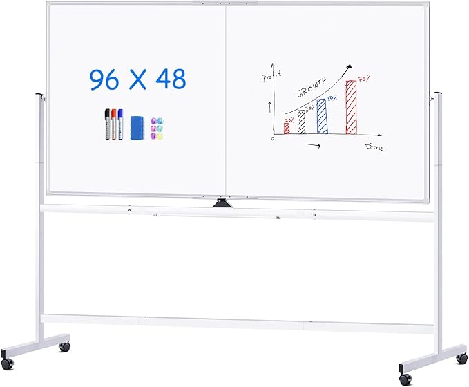 maxtek Rolling Whiteboard, 96x48 Large Double-Sided White Board Dry Erase on Wheels, Giant Magnetic White Board Standing for Office, School, Home Office, Homeschool