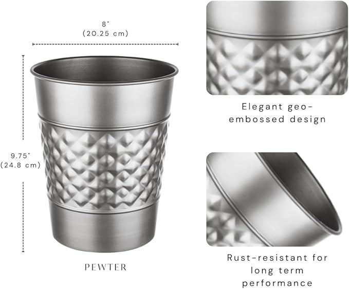 Monarch Abode Metal Bathroom Trash Can – Waste Basket for Bedroom, Office Desk, & Dorm, Handcrafted Geo Embossed, Durable Decorative Pewter Small Trash Can Bathroom Garbage Bin Wastebasket