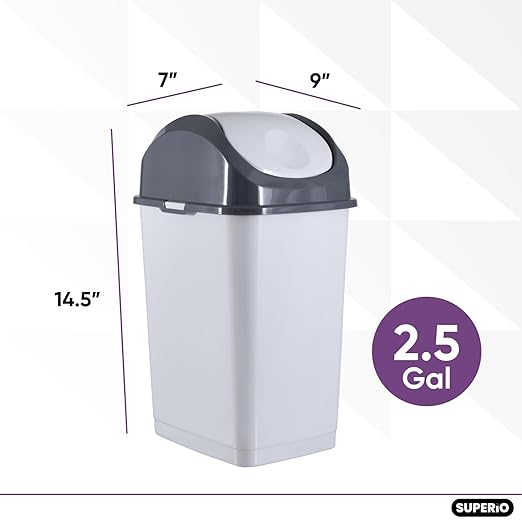 Superio 4.5 Gallon Trash Can with Swing Top Lid, Waste Bin for Home, Kitchen, Office, Bedroom, Bathroom- 18 Qt White Smoke/Grey