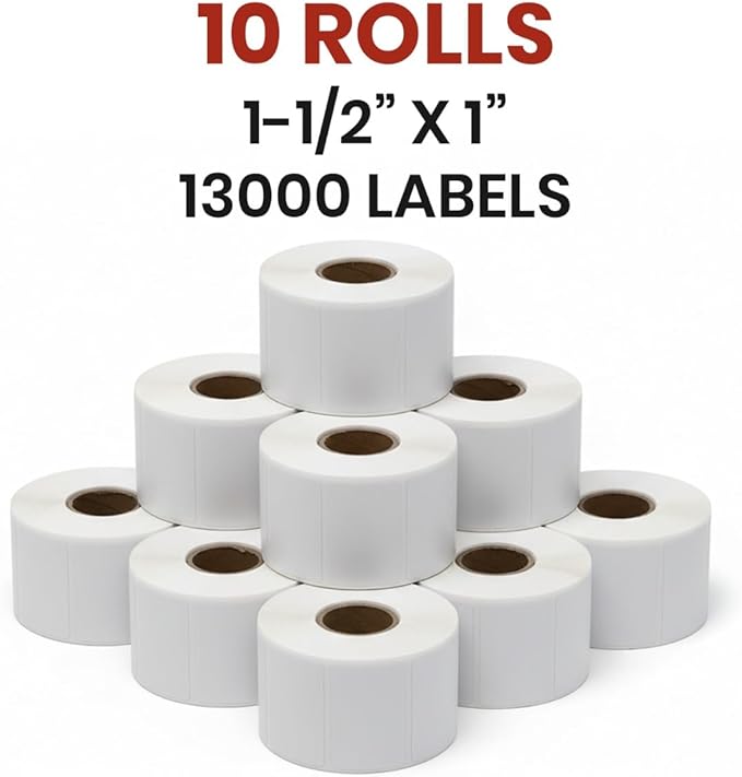 1 1/2" × 1" Direct Thermal Printer Labels, 10 Rolls, 13,000 Matte White Thermal Barcode Labels with Strong Adhesive, Compatible with Zebra & Eltron Printers (No Ink or Toner Needed)