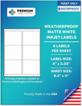Premium Label Supply Waterproof Matte White Sticker Labels – 4" x 3.33" – Inkjet Printers Only – (6 per Sheet), 100 Sheets - 600 Total Adhesive Labels