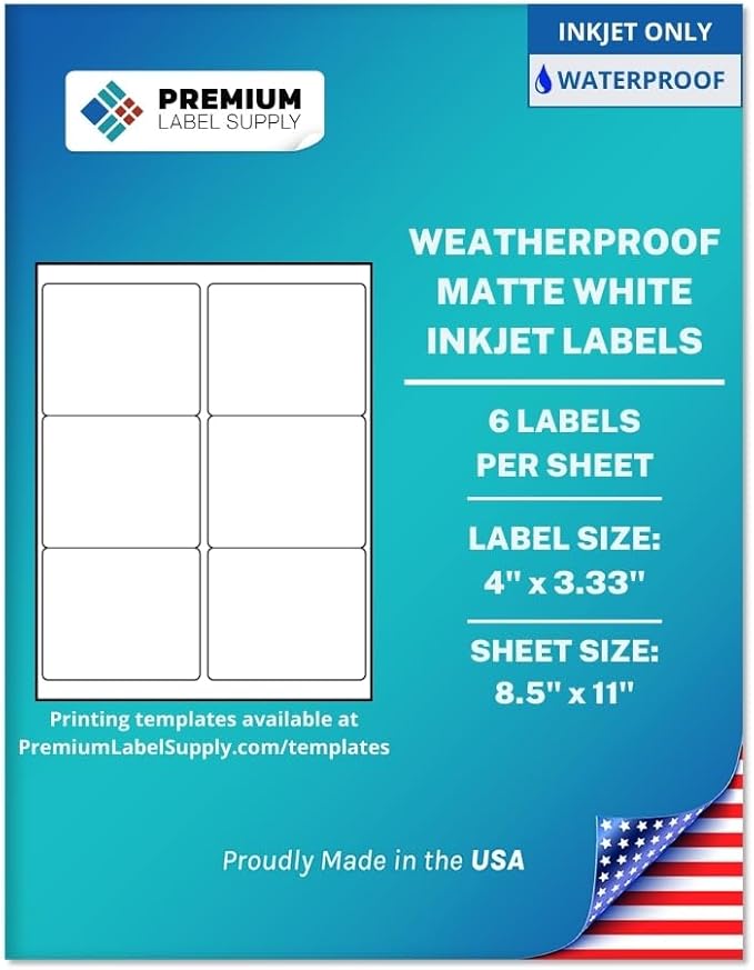 Premium Label Supply Waterproof Matte White Sticker Labels – 4" x 3.33" – Inkjet Printers Only – (6 per Sheet), 10 Sheets - 60 Total Adhesive Labels
