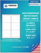 Premium Label Supply Waterproof Matte White Sticker Labels – 4" x 3.33" – Inkjet Printers Only – (6 per Sheet), 10 Sheets - 60 Total Adhesive Labels