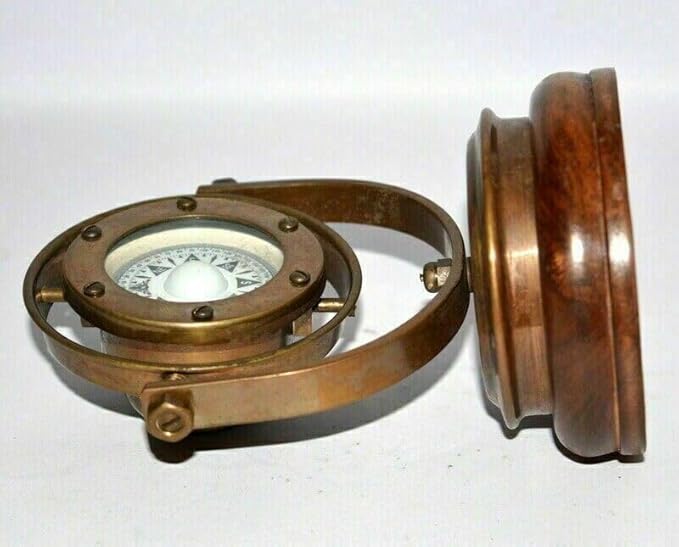Nautical Brass Gimbal Compass Vintage Style Ship's Binnacle gimballed Compass, Brown