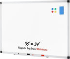 NEWBULIG White Board, 36" x 24" Magnetic Dry Erase Board for Wall with 1 Dry Eraser & 2 Multi-Color Markers & 4 Magnetic Pins, Silver Aluminum Frame for Office, Home, School