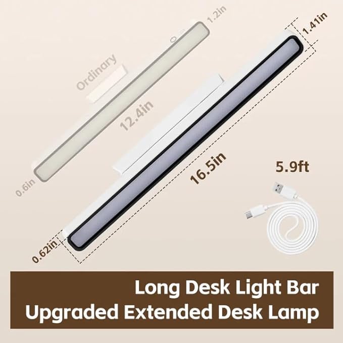 XmnSoly Magnetic Light Bar, 16.5in Rechargeable LED Desk Light Bar with Remote Control, 3000K, 4500K, 6000K Color Temperature Under Cabinet Lighting for Desk, Home Office, Under Shelf