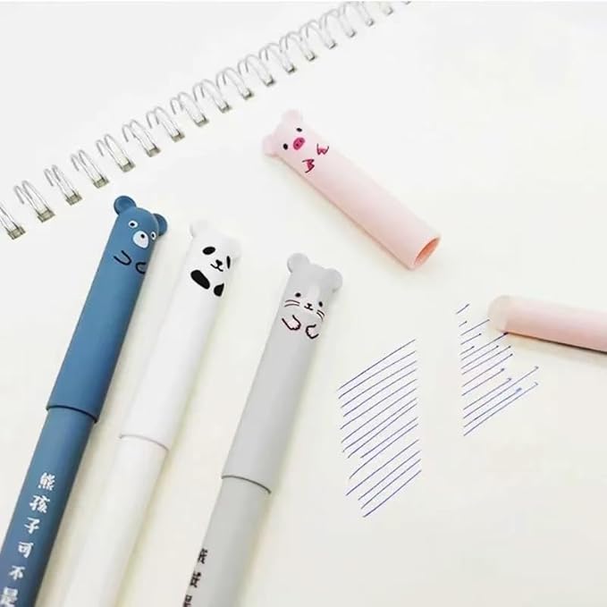 Piaogui 6pcs 0.5mm Erasable Gel Pens,Kawaii Cute Bear Pig Erasable Gel Pen Set Kawaii Pens Back to School Stationery Supplies for Writing Noting Journaling Kids Gifts (Blue-6 Pcs)