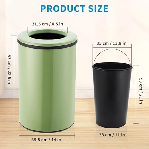 Takywep Stainless Steel Open Top Trash Can, 10.6 Gallon Cylindrical Touch-Free Direct Toss Bin with Soft-Close Lid, Anti-Fingerprint Easy-Clean for Kitchen Office Bathroom (Green)