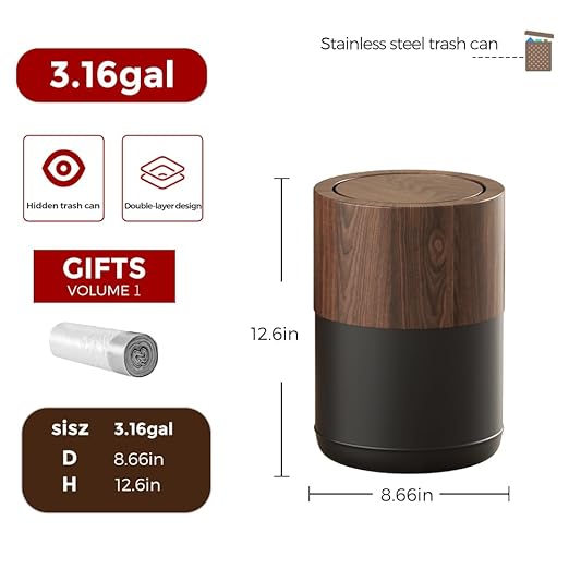 LEASYLIFE 3.1 GAL Modern Metal Trash Can with Realistic Wood Texture,Built-in Bag Holder,Flip Lid,Small Bathroom Garbage Can for Bathroom,Home,Office,Living Room (3.1gal Swing lid)