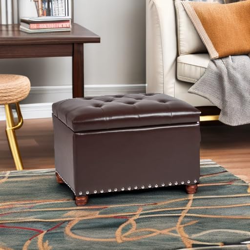 Decent Home Leather Storage Ottoman Bench Foot Rest Stool with Nailhead Trim (Dark Brown - Button Tufted Leather)