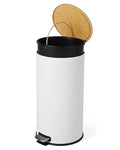 8 Gallon (30L) Step Trash Can with Soft-Close Bamboo Lid – Fingerprint-Resistant Stainless Steel, Removable Inner Bucket, Slim Round Indoor Garbage Bin for Kitchen, Bathroom – White