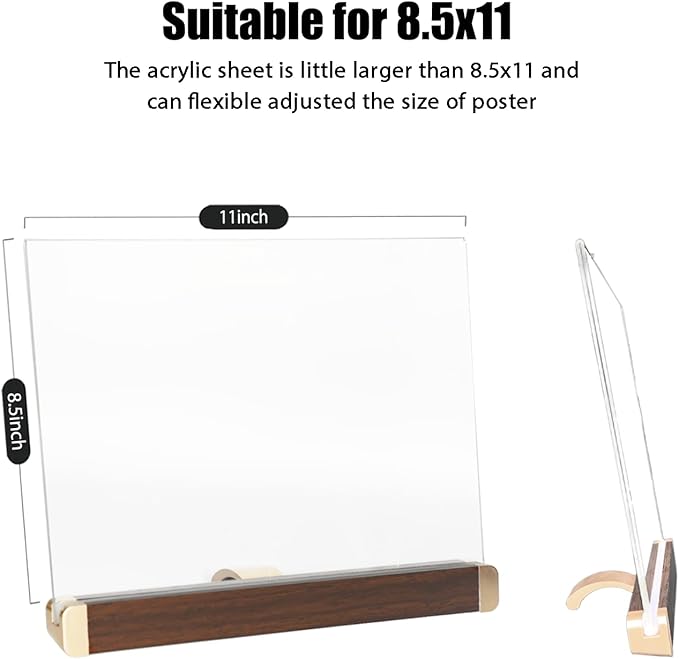 8.5 x 11 Menu Holder, Acrylic Table Menu Stand, Classic Wooden Sign Holder, Double Sided Display Table Top Paper Holder, for Bar, Cafe, Restaurant, Store, Certificate, Document (Horizontal, 6pack)