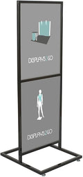 Displays2go Freestanding Poster Holder for up to 2 Graphics - Pedestal Sign Holder Floor Stand - Portrait Sign Stand for Lobbies and Advertising - Black (TWN2BK)