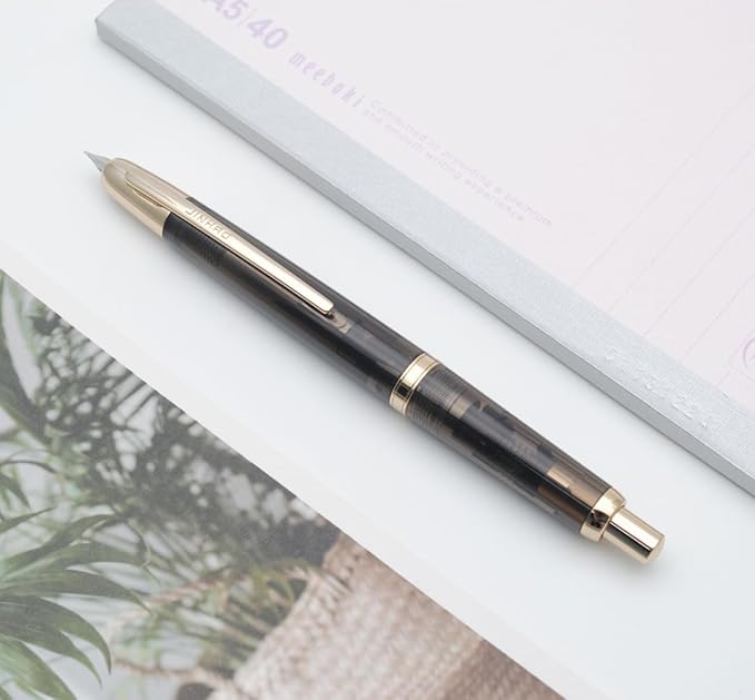JINHAO 20 Press Fountain Pen, Retractable Capless Resin Pen with Ink Converter (EF Nib 0.4mm, Transparent Black - Gold Clip)